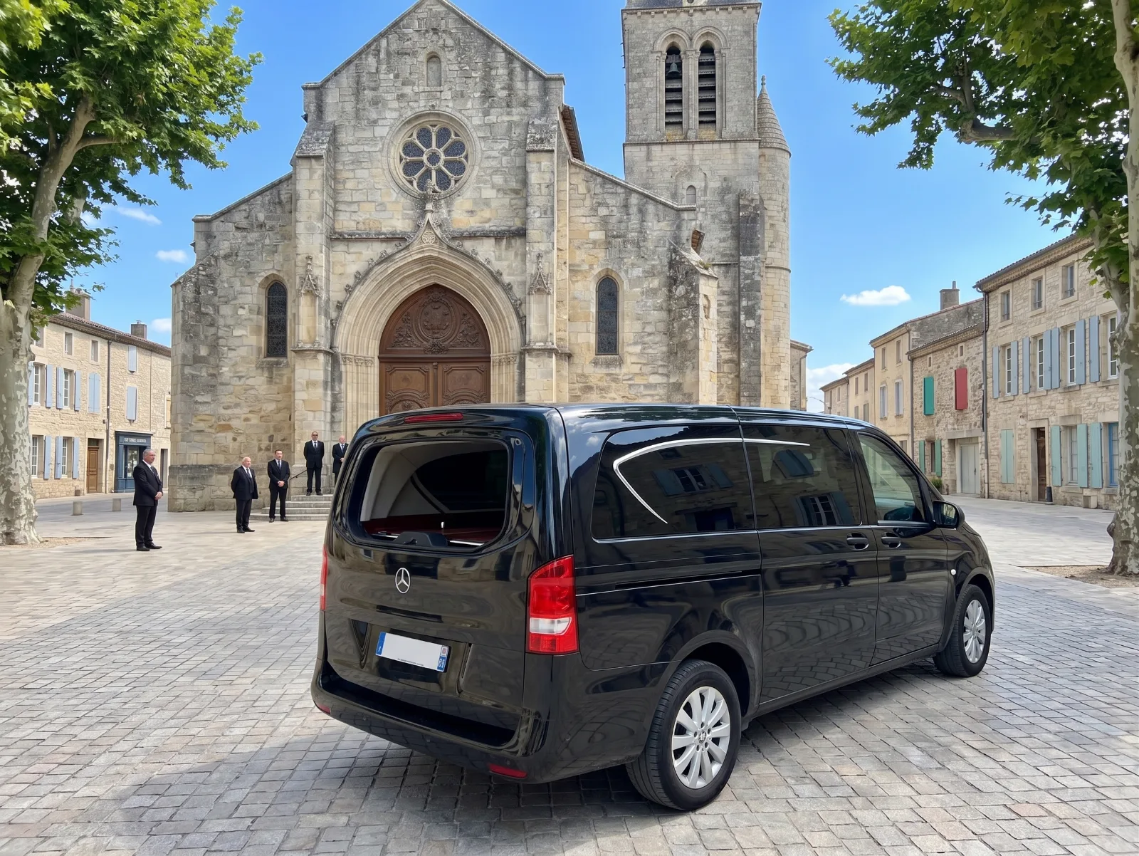 Cérémonie religieuse d'enterrement devant une église